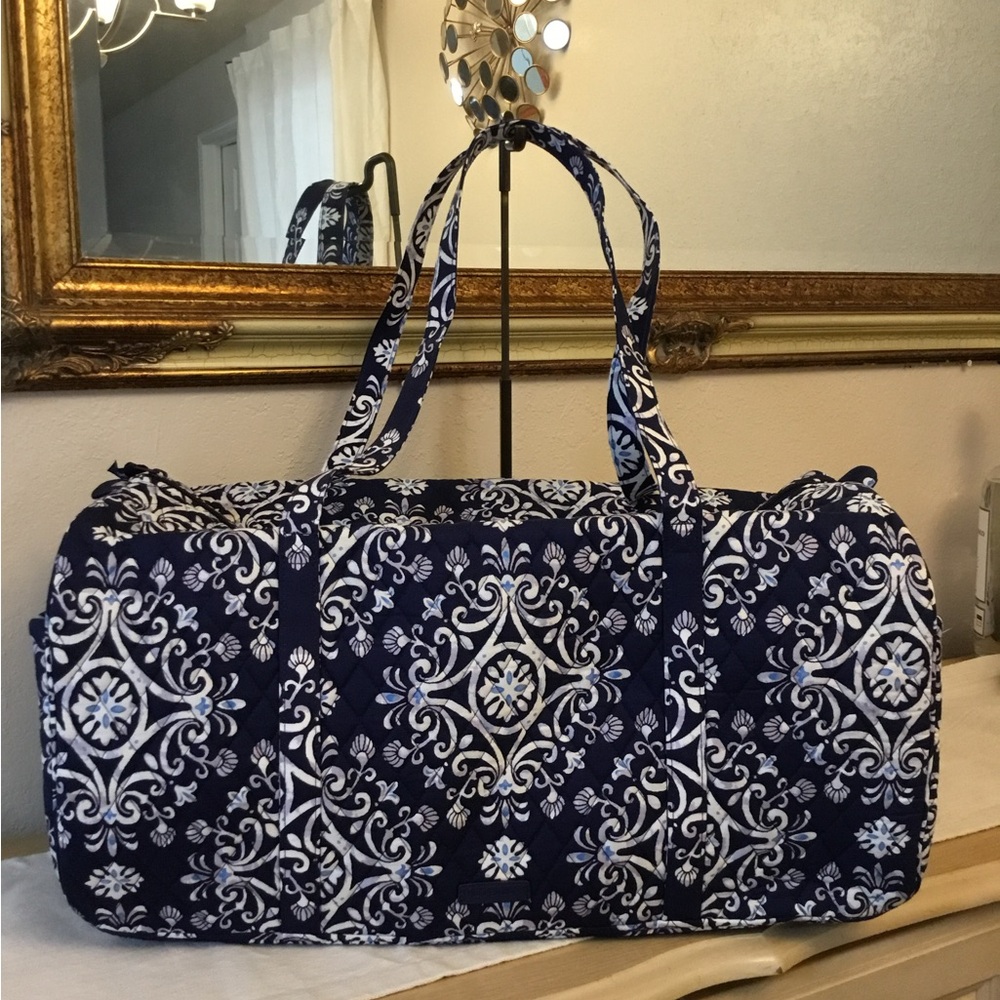 Vera Bradley Large Traveler Duffel Bag in the Steel Blue Medallion pattern.